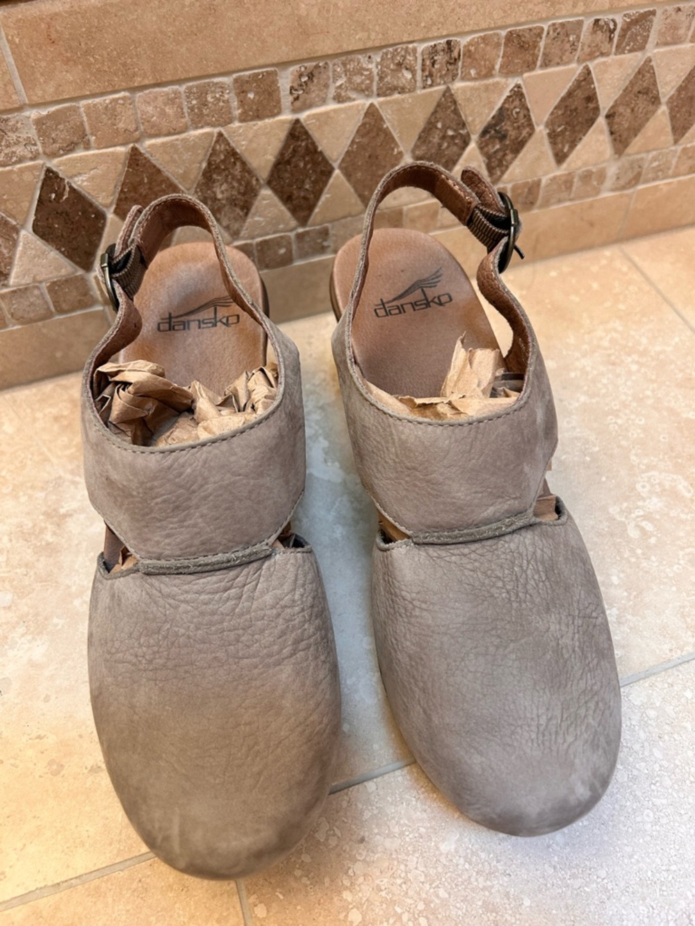 Dansko Taupe Leather Slingback Clogs